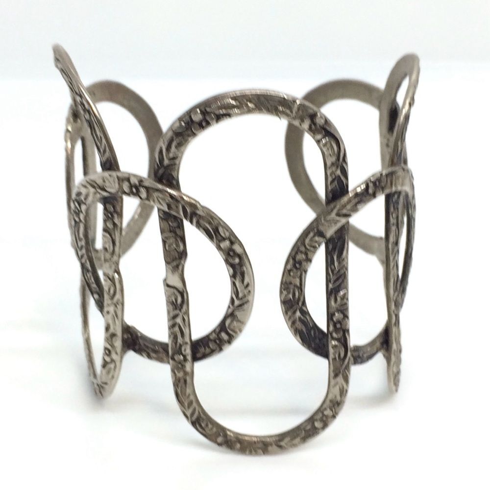 VINTAGE MODERNIST SILVER TONE CUFF BRACELET ETCHED GEOMETRIC WIDE STATEMENT